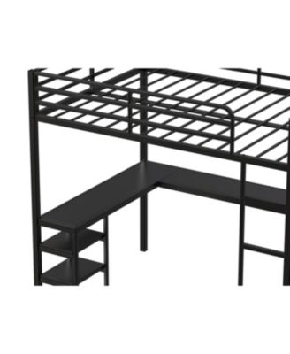 Full Size Loft Bed with Desk & Shelves, Heavy Duty Metal Frame, Black