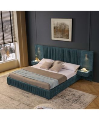 Size Upholstered Bed Frame with Chenille, Pleated Design, No Box Spring Needed-Blue-Green