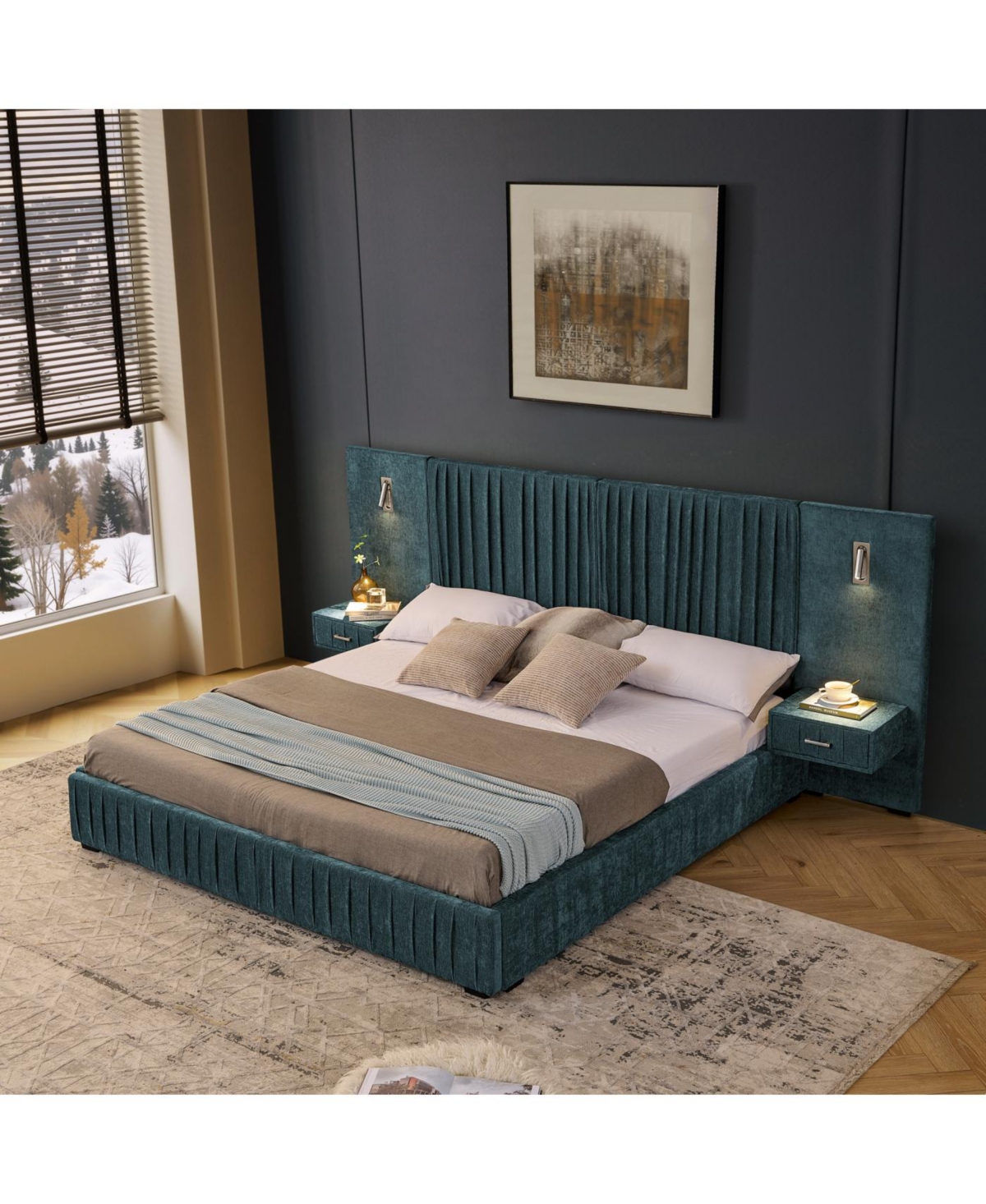 Streamdale King Size Upholstered Bed Frame with Chenille, Pleated Design, No Box Spring Needed-Blue-Green