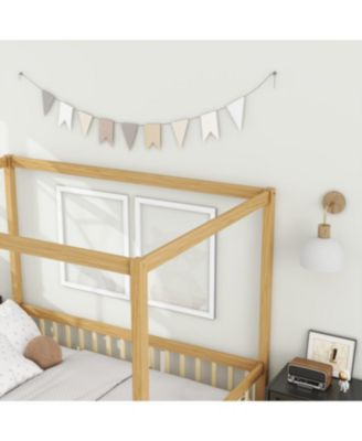 Full Size Canopy Frame Rubber Wood Floor Bed with Fence, Guardrails