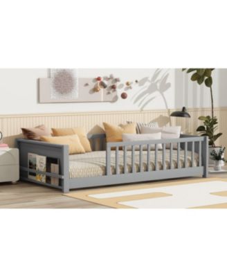 Streamdale Twin size Floor Platform Bed with Built-in Book Rack, Grey