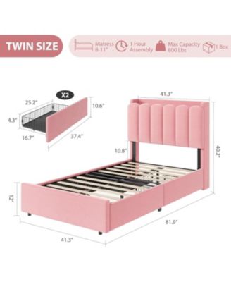 Boucle Upholstered Platform Bed Frame with Wavy Headboard and Storage Bookcase, 2 Drawers, No Box Spring Needed