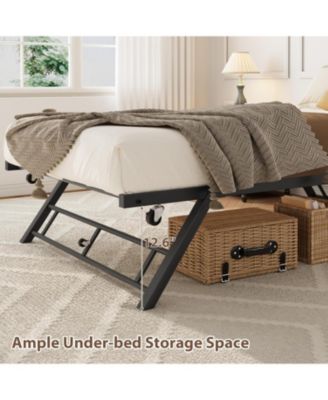 Twin Pop-Up Trundle Bed with Folding Metal Frame, Locking Casters, Space-Saving Rollout Daybed