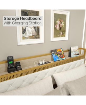 Velvet Upholstered Platform Bed Frame with Curved Button-Tufted Headboard, Golden Base and Sturdy Wood Slat Support