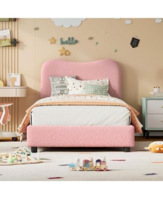 Kids Bed Frame with Upholstered Headboard, Low Profile Sturdy Platform Bed with Soft Boucle Fabric for Girls and Boys, Heavy Duty, Wooden Slats