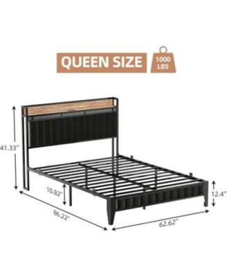 Bed Frame with LED Light and Charging Station, Upholstered Platform Bed with Storage Headboard, Metal Slat, Noise Free, Easy Assembly