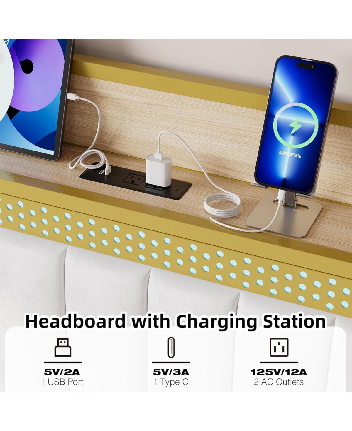 gaomon Upholstered Bed Frame with Led Light and Charging Station, Platform Bed with Headboard and Storage, Noise Free, Easy Assembly