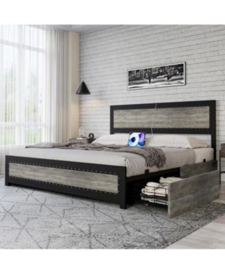 Bed Frame with Four Storage Drawers and Charging Station, Riveted Headboard Platform Bed with Metal Slat Frame, No Box Spring Required