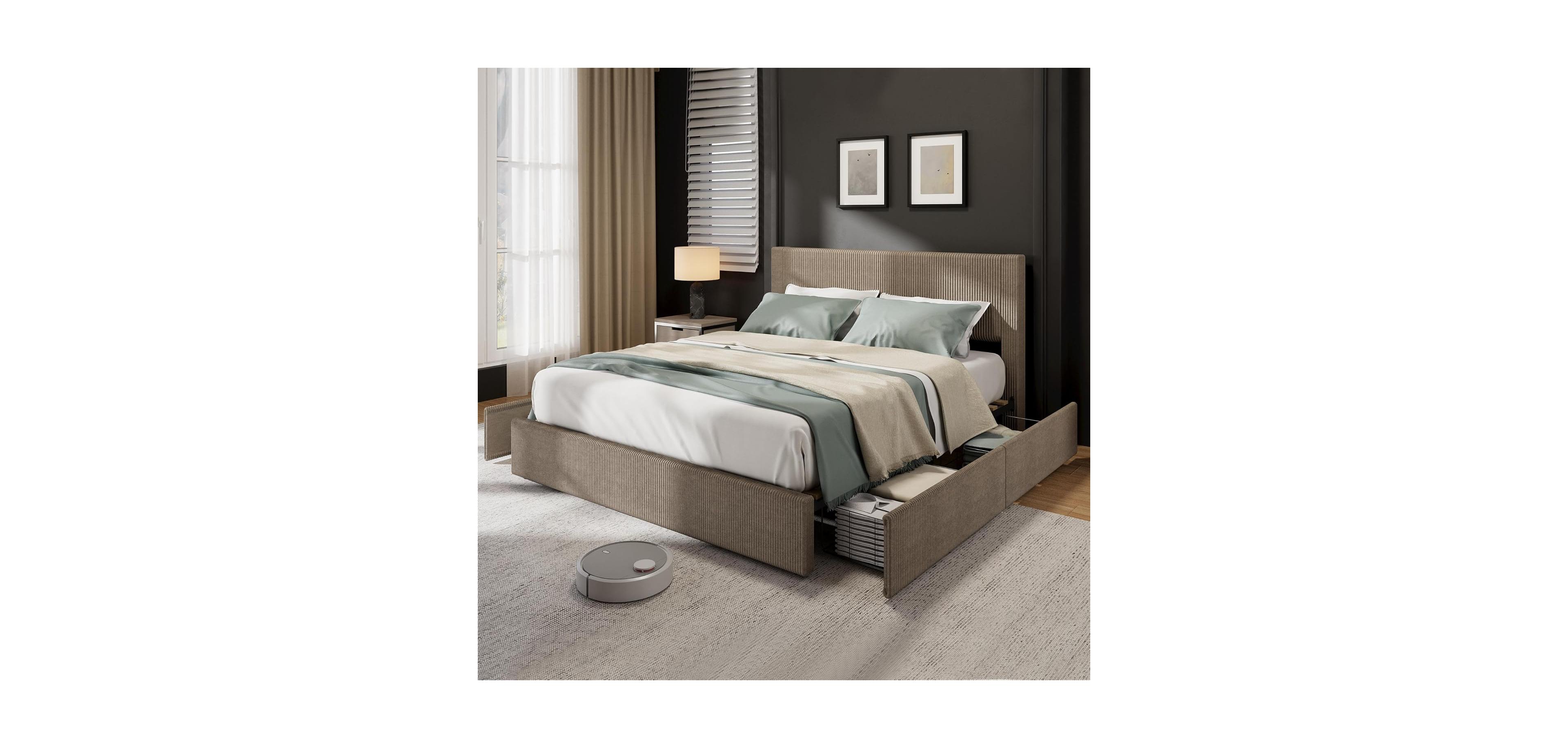 Gaomon Bed Frame with 4 Storage Drawers, Platform Upholstered Channel Tufted Wingback Headboard, Strong Wooden Slats Support