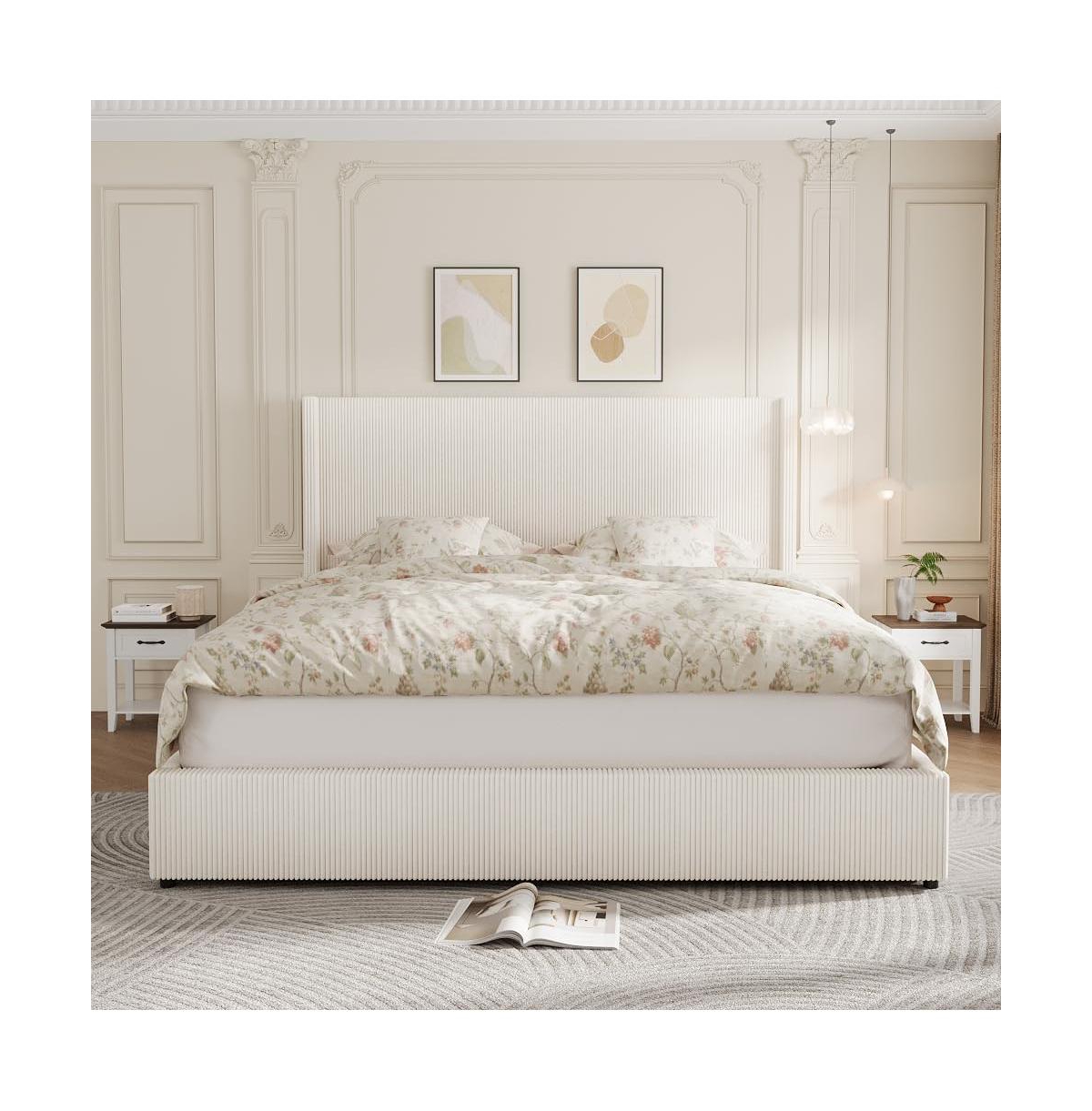 gaomon Rattan Platform Bed Frame with Boho Headboard, Led Lights, Solid Wood Foundation, No Box Spring Needed