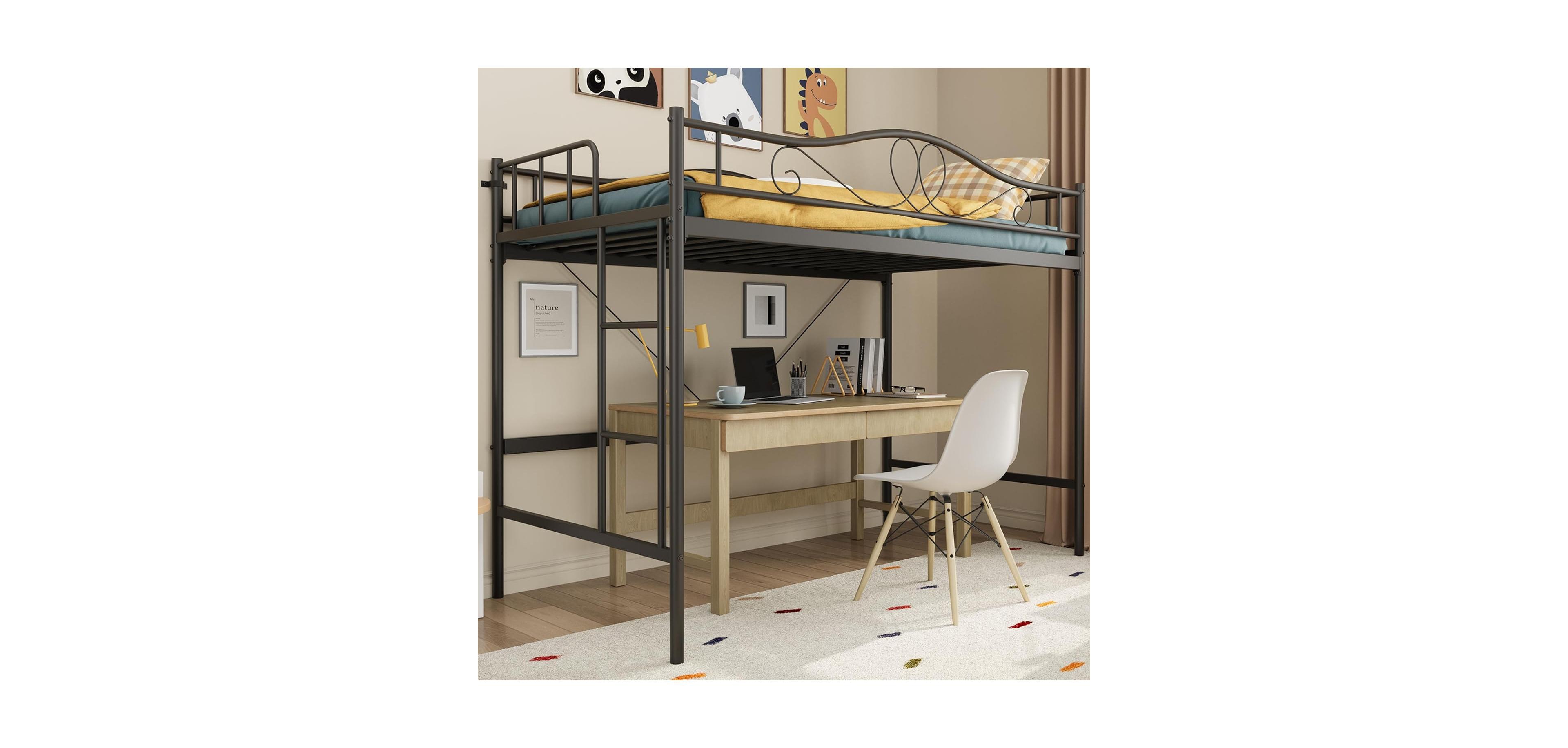 gaomon Twin Metal Loft Bed with Ladder and Full-Length Guardrail, Heavy Duty Space-Saving Frame 400 Lbs Capacity, Noise-Free