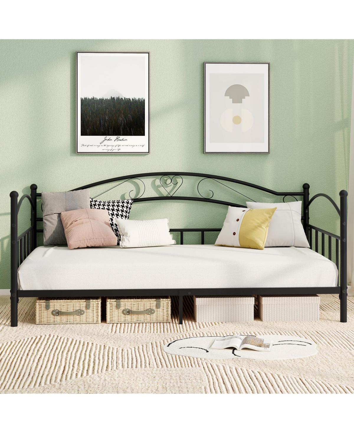 Gymax Twin Size Metal Daybed Frame w/ Headboard Heavy-Duty Metal Slats Support