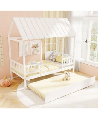 Twin Size House Bed w/ Trundle Roof Window & Safety Guardrails Slats Support