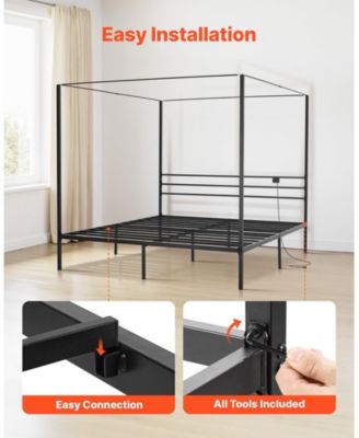 Metal Canopy Bed with Charging Station and Four Poster Frame