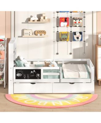 Wooden Built-In Bookcase, 2 Storage Drawers, Guardrails, Durable Design Storage Bed