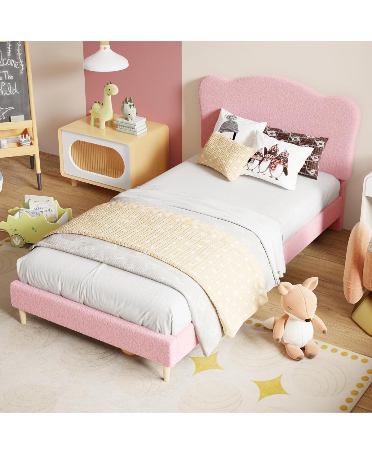 gaomon Twin Kids Velvet Bed Frame with Scallop Headboard, Sturdy Upholstered Platform Wood Slats