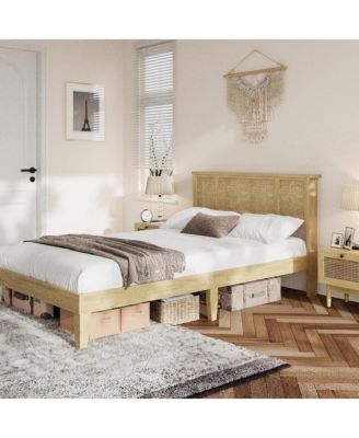 Queen Size Bed Frame with Natural Rattan Headboard, Sturdy Wooden Slats, Boho Cane, No Box Spring Needed