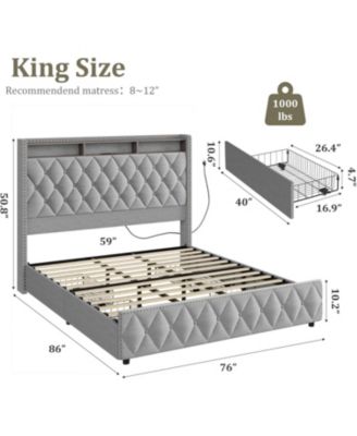 King Size Velvet Bed Frame with 51" Tall Headboard, 4 Storage Drawers, USB, LED Lights