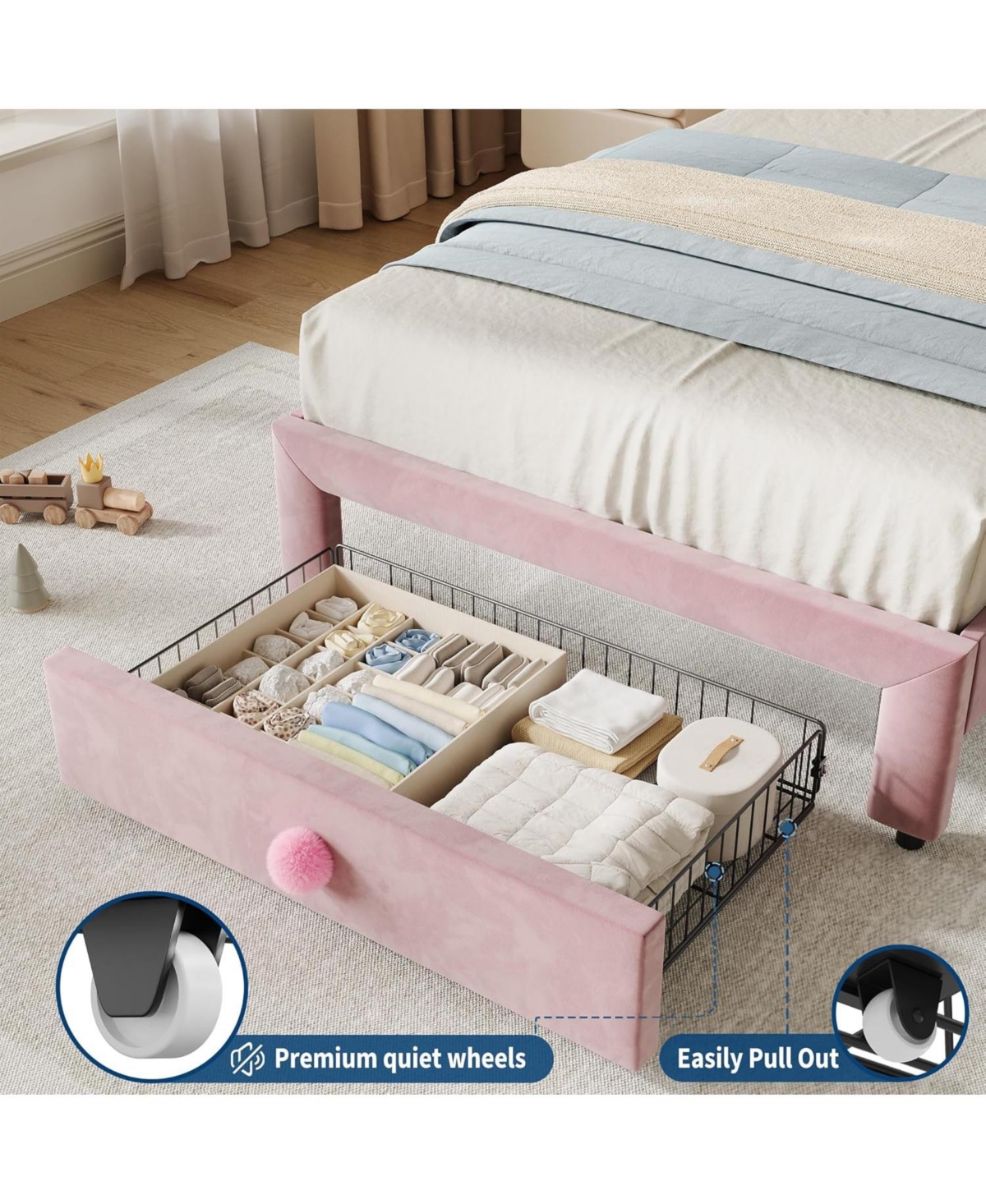 gaomon Twin Size Upholstered Bed Frame with 2 Drawers, Double Wavy Headboard, Princess Platform