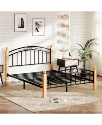 Full Size Metal Platform Bed Frame with Victorian Iron Art Headboard & Footboard, Steel Slats