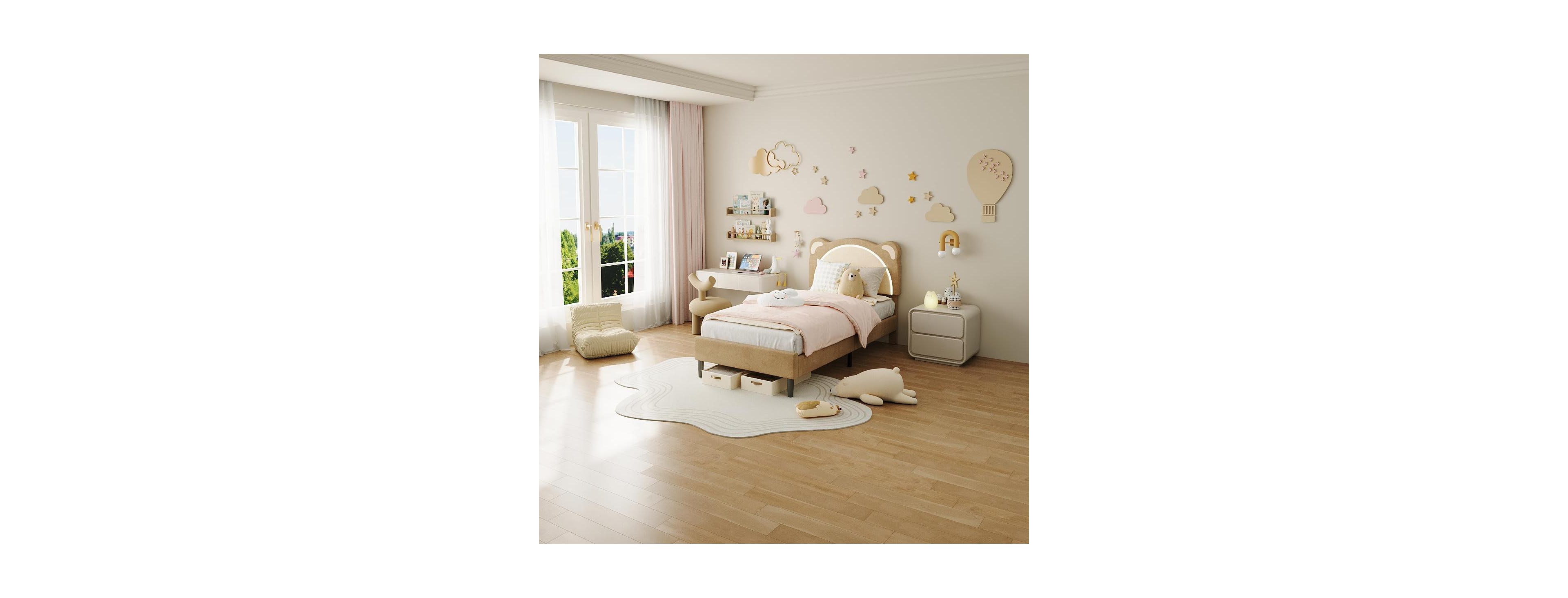 gaomon Twin Xl Kids Upholstered Platform Bed Frame with Adjustable Headboard, Led Light, Wood Slats, No Box Spring, Coffee