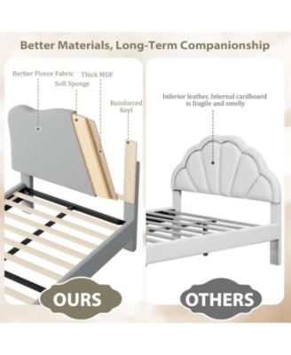 Twin Size Kids Upholstered with Adjustable Scallop Velvet Headboard, Princess Platform, Bed Frame