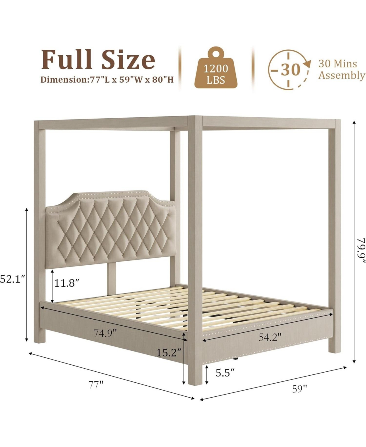 gaomon Full Size Canopy Bed Frame with Nailhead Upholstered Headboard, Corner Poles, Solid Wood Slats, Beige