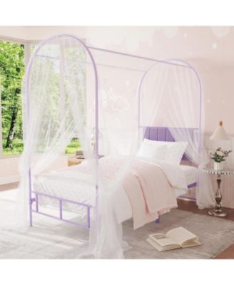 Twin Size Canopy Bed Frame with Upholstered Headboard, Underbed Storage, Decorative Arched Metal, Purple