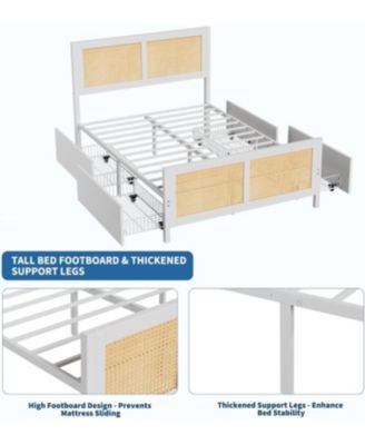 Full Size Rattan Accent Storage Bed with 4 Drawers, Woven Front, LED Lights, White MDF Frame