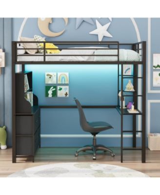 Loft Bed with Desk, 4 Fabric Drawers, Open Shelves, LED Lights, Power Outlets, Metal Frame, Black - Twin