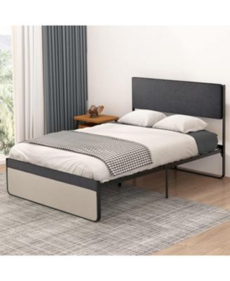 Full Size Bed Frame Modern Platform with Linen Headboard & Footboard Steel Slats Storage No Box Spring