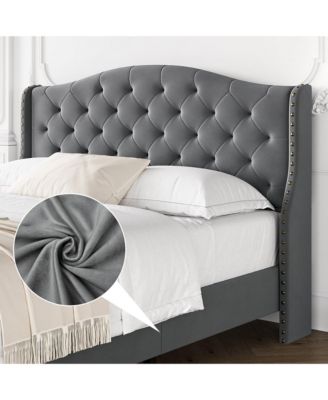 Queen Bed Velvet Frame with Wingback Headboard Nailhead Trim Sleigh Platform Wooden Slats