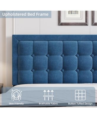 King Size Square Platform Bed Frame Blue Metal Design Wood Slat Support No Box Spring