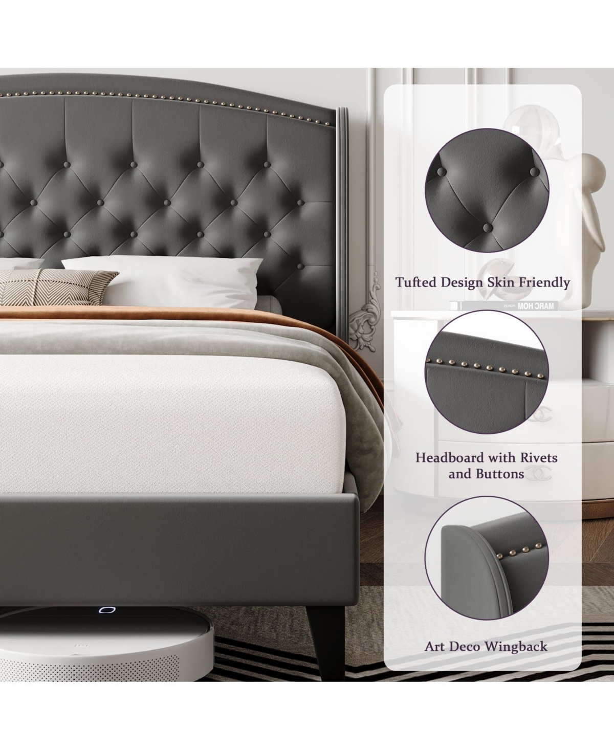 gaomon King Size Upholstered Platform Bed Frame Wingback Headboard Button Tufted Wood Slats Easy Assembly Gray