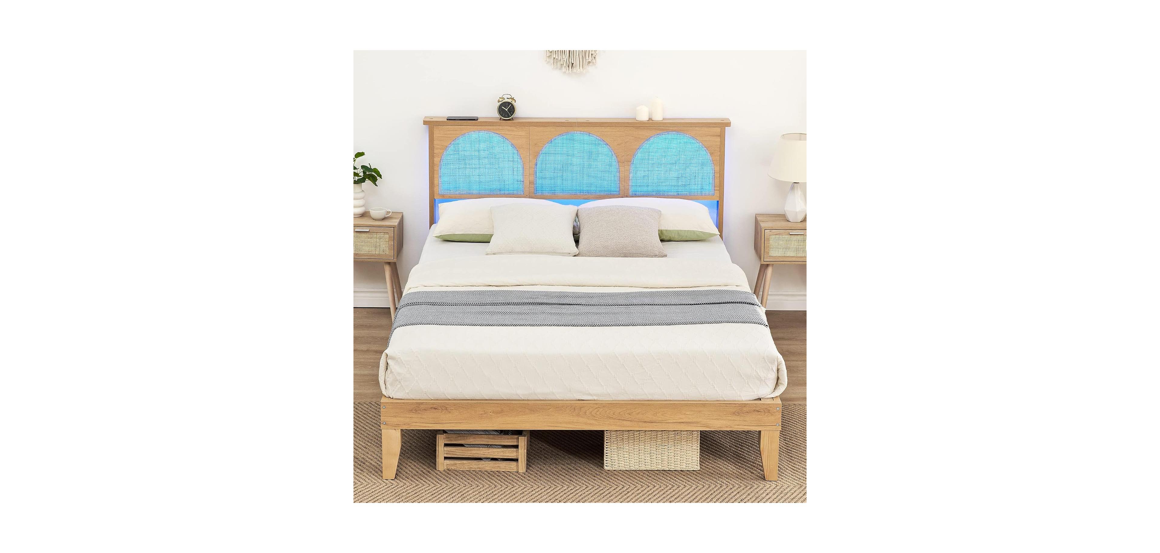 gaomon Queen Size Rattan Bed Frame with Led Storage Headboard & Solid Wood Legs, No Box Spring, Natural