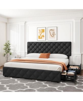 King Size Platform Bed Frame Adjustable Headboard 4 Drawers Modern Grey Upholstered with Footboard Wood Slats