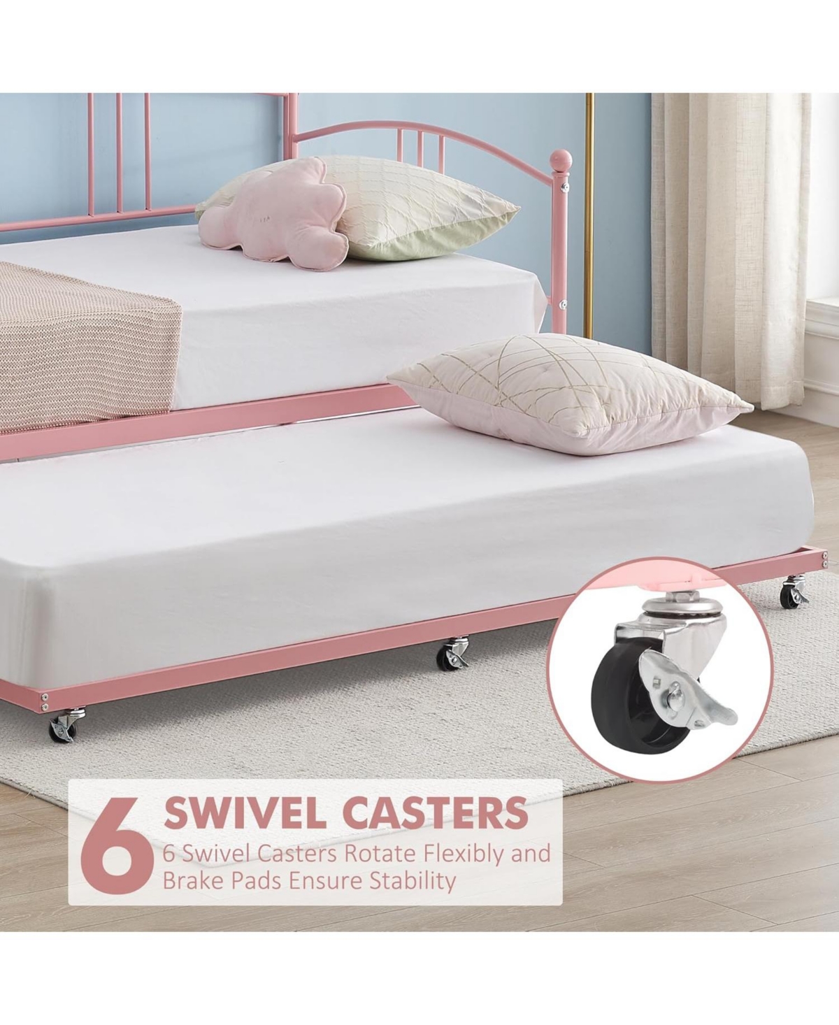 gaomon Twin Size Metal Daybed with Pull-Out Trundle, 6 Casters and Steel Slat Support, No Box Spring Needed