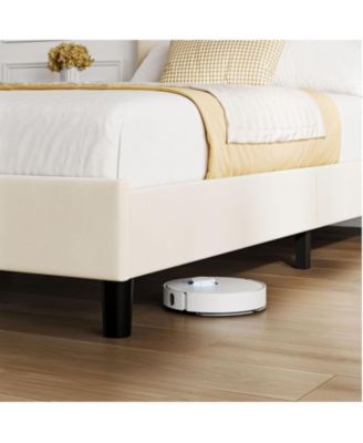 King Bed Frame with Adjustable Linen Upholstered Diagonal Channel Tufted Headboard Wooden Slats Box Spring Optional Beige