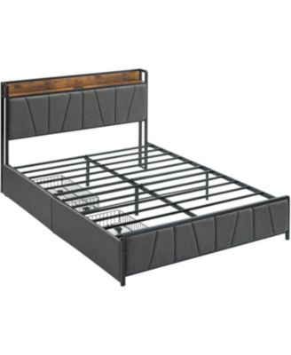 Queen Bed Frame Linen Upholstered Storage Headboard 2 Drawers Built-in Charging Station Heavy Duty Noise Free