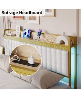 King Bed Frame with Storage Headboard LED Platform Bed Charging Station Easy Assembly White