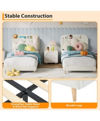 Velvet Upholstered Twin Bed Frame with Storage Headboard, Wooden Slats, Noise Free – Platform Bed for Kids Girls