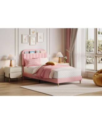 Twin Bed Frame with Storage Headboard Velvet Upholstered Platform for Girls Wooden Slats Noise Free Easy Assembly