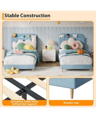 Twin Bed Frame with Storage Headboard Velvet Upholstered Platform for Girls Wooden Slats Noise Free Easy Assembly