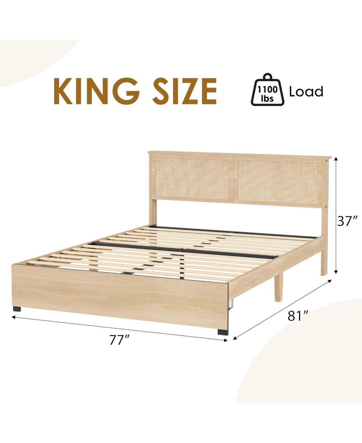 gaomon King Size Rattan Bed Frame with Wood Headboard, 2 Storage Drawers, Rgb Led Lights, Boho Platform, No Box Spring, Natural