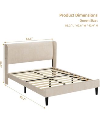 Queen Size Upholstered Bed Frame Wingback Headboard Velvet Platform Wooden Slat Support Box Spring Optional Beige