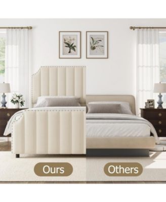 King Size Platform Bed Frame 50.2in Headboard Velvet Channel Tufted Footboard Nailhead Trim No Box Spring Cream