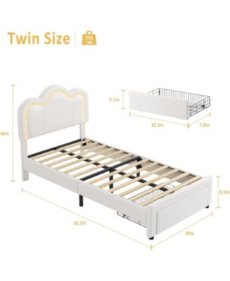 Twin LED Bed Frame w/ Adjustable Headboard, Storage Drawer, PU Leather, No Box Spring, White