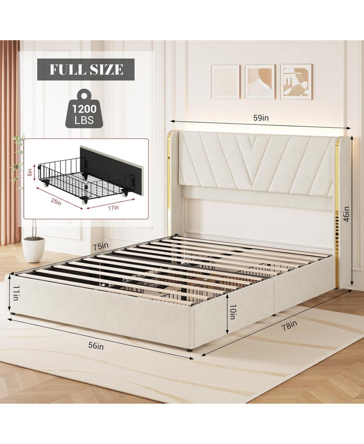 gaomon Full Size Metal Bed Frame with Led Headboard and Storage, Wood Slat Support