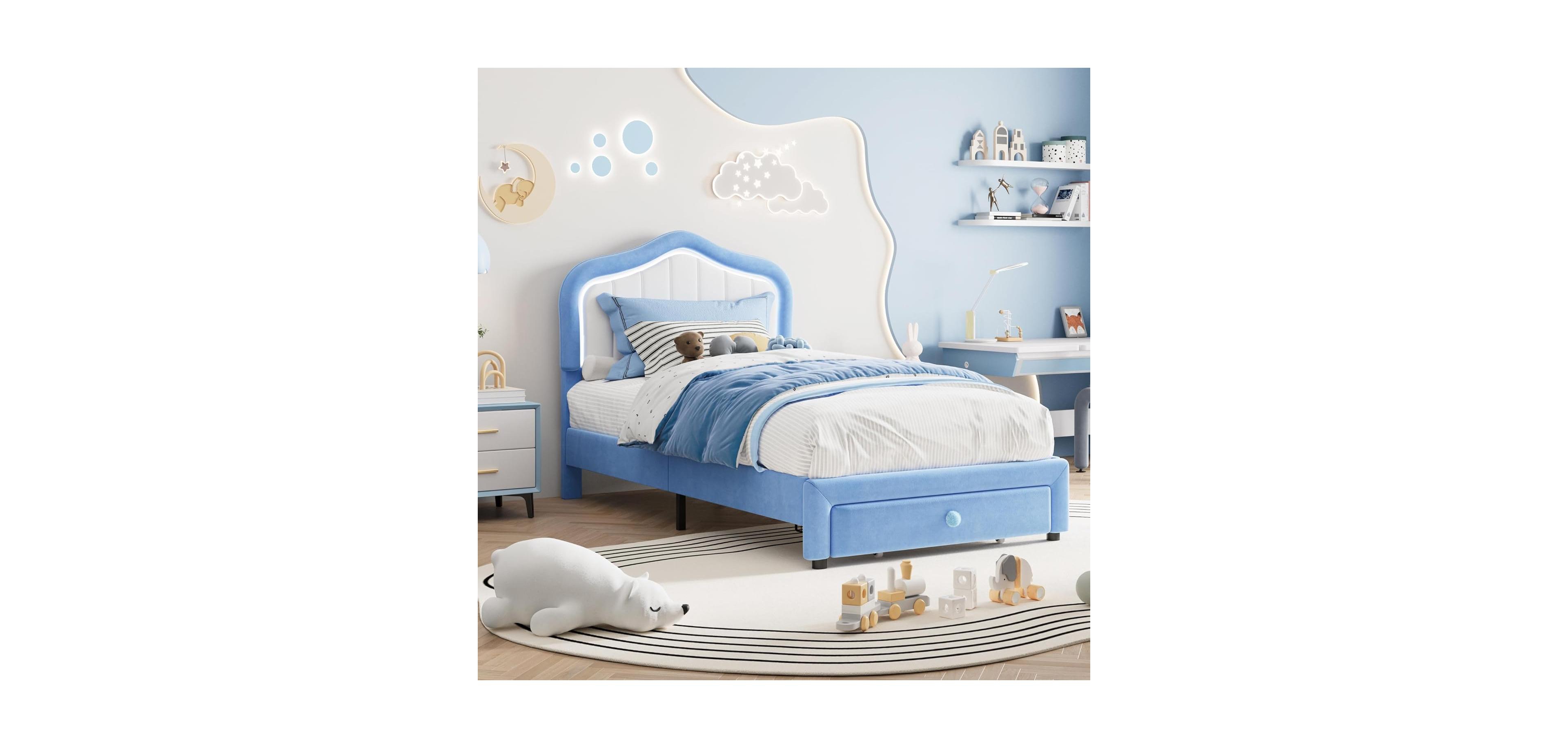 gaomon Twin Upholstered Bed Frame Storage Drawer Smart Led Headboard Princess Platform for Kids Girls Wooden Slats Blue White