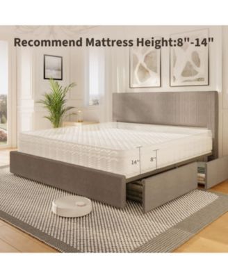 Queen Size Bed Frame Corduroy Tufted Wingback Headboard Platform with 4 Storage Drawers Wood Slats No Box Spring Brown